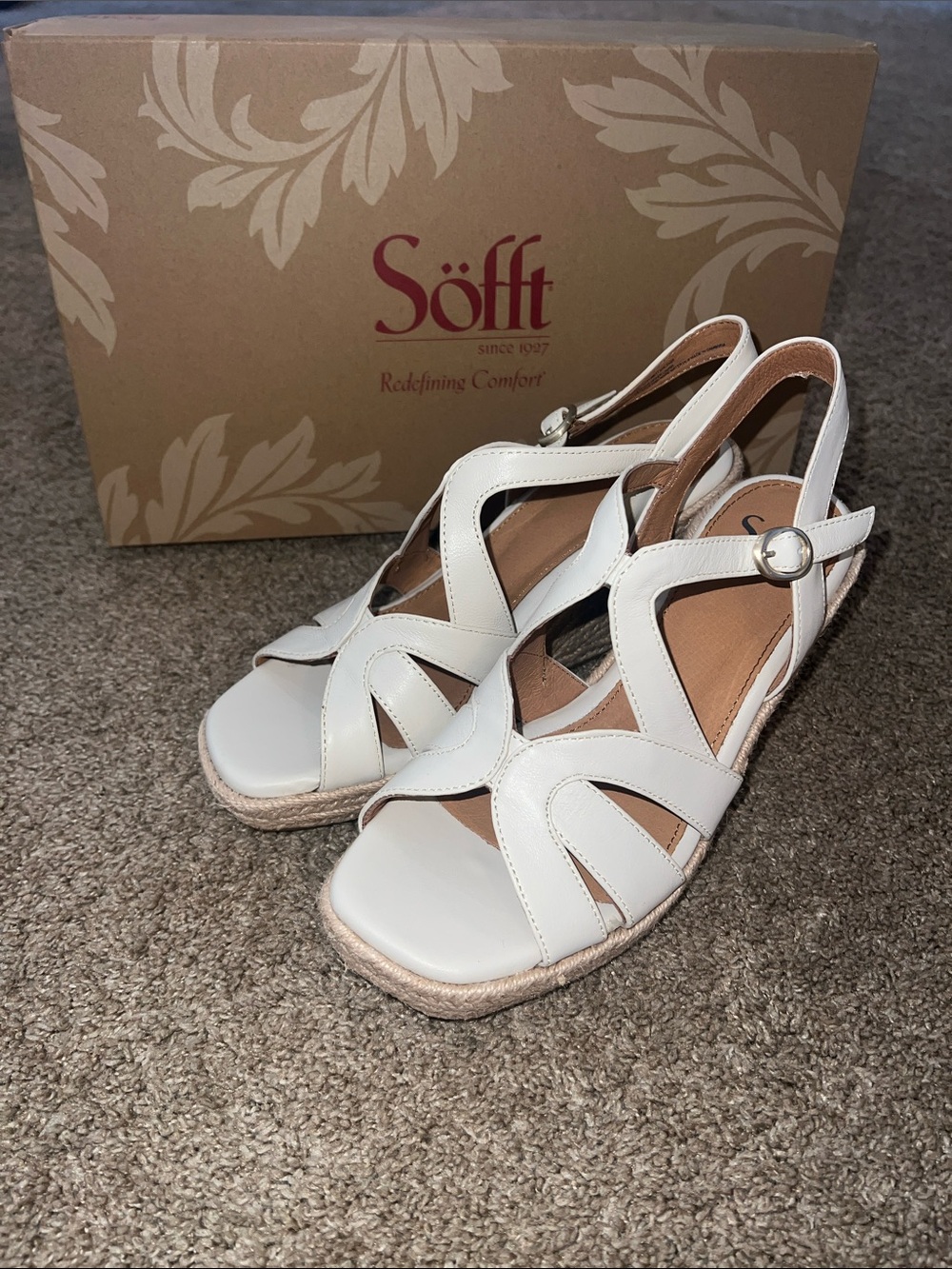 Sofft Norma White Leather Espadrille Wedge Sandals